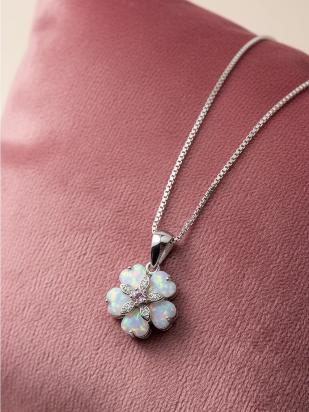White Gold Plated Floral Fire Opal Pendant Necklace. New.